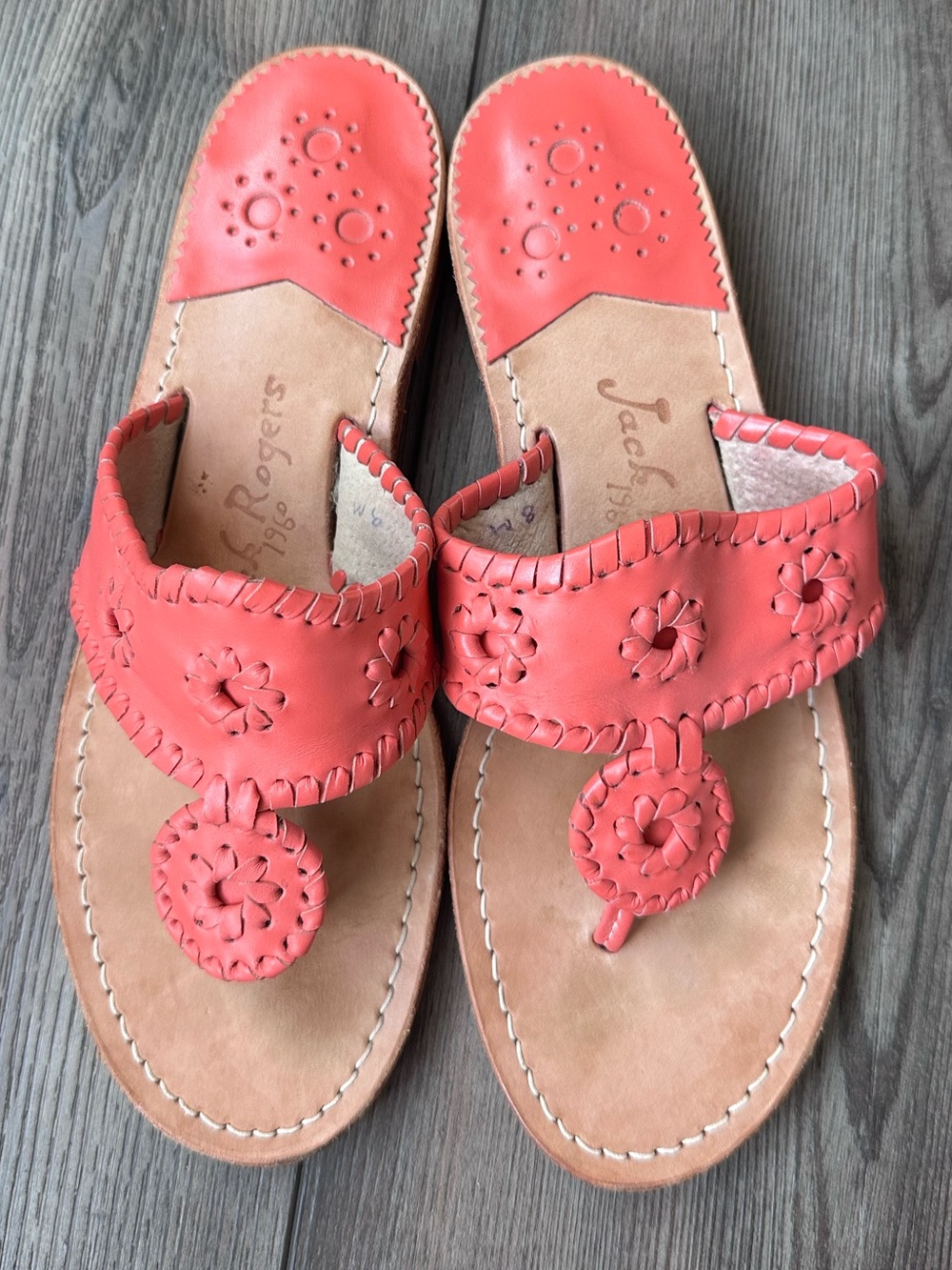 Jack Rogers Coral Leather Sandals Whipstitch Thong Size 8 Boho Summer